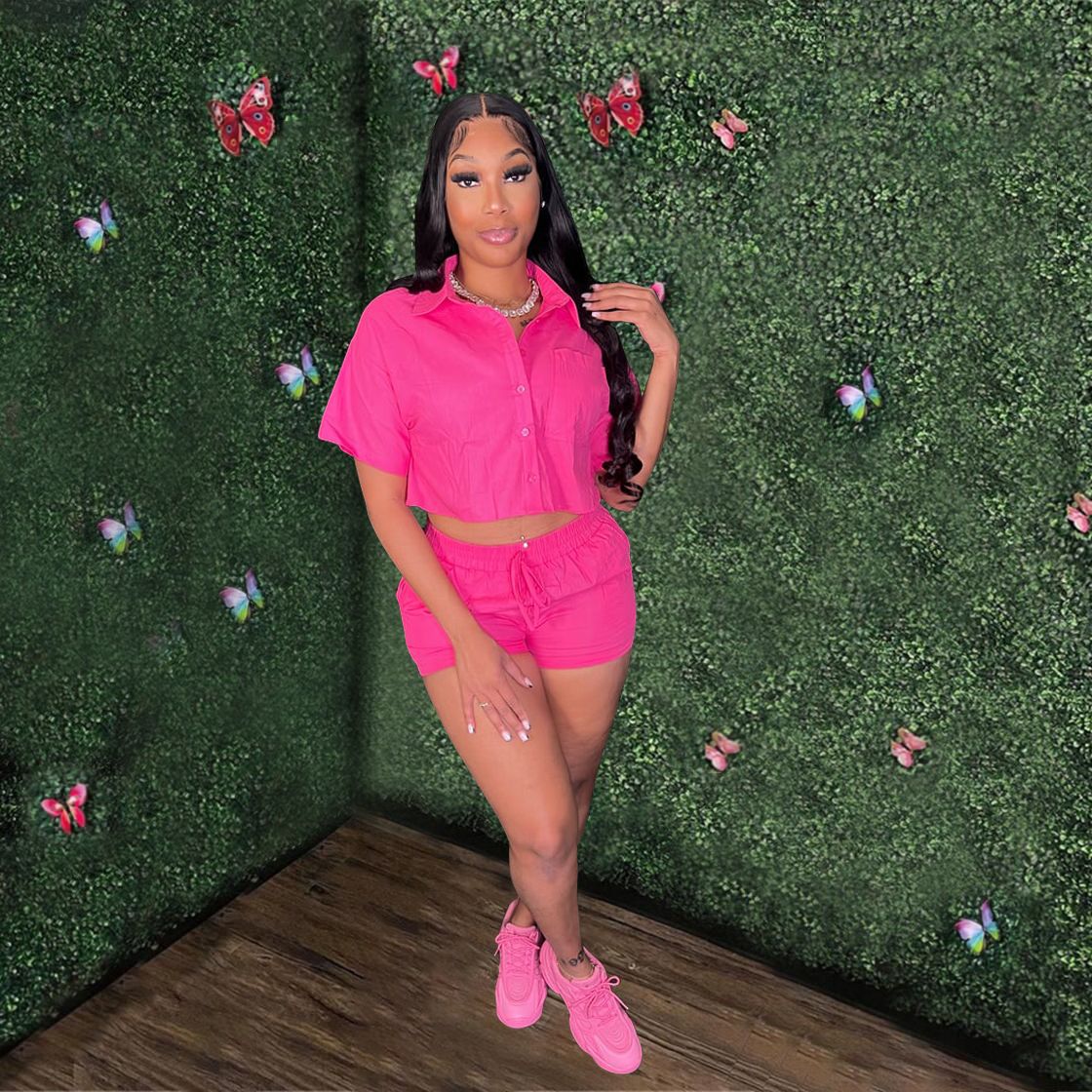 Ladies Short Sleeve Shirt Set Elastic Pocket Shorts Two-Piece Set 4