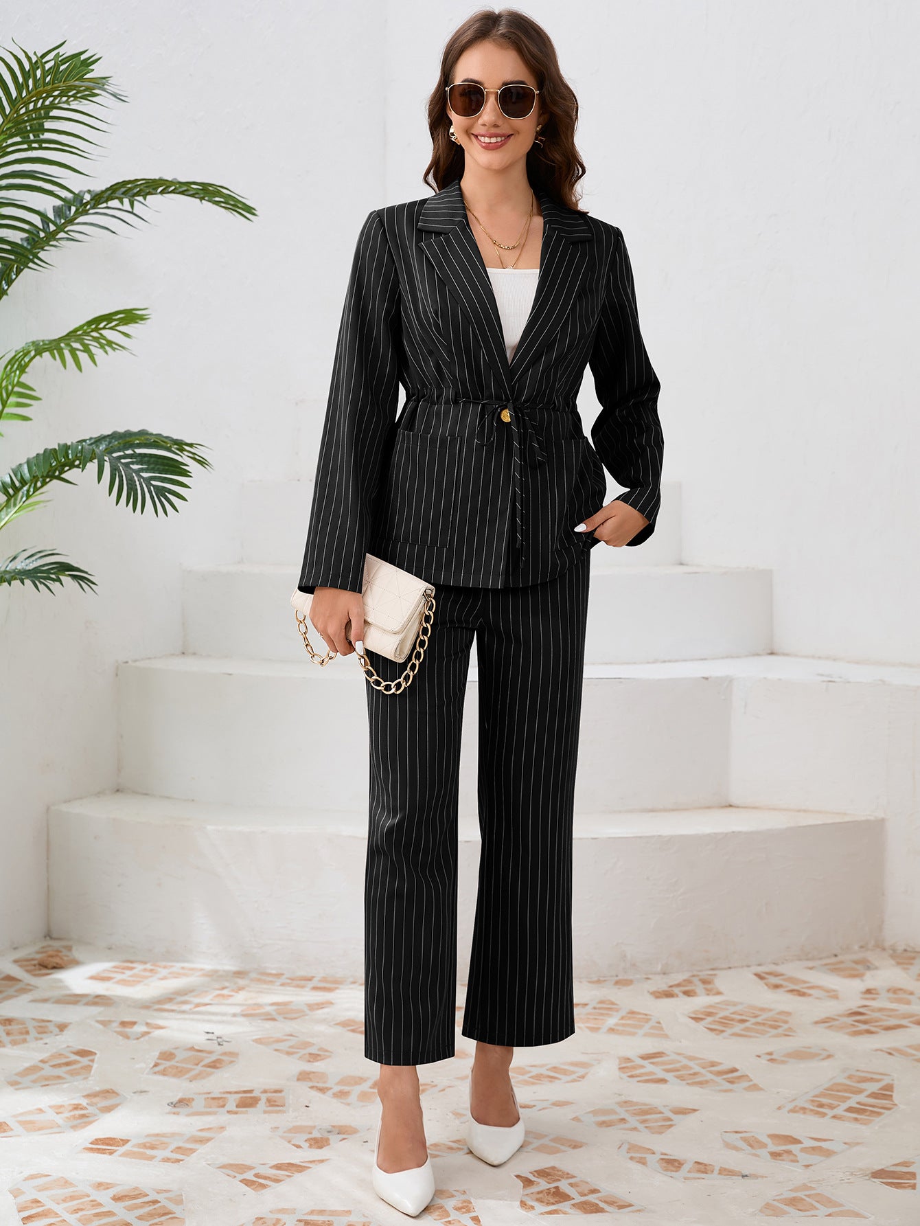 Casual Stripe Turndown Collar Strap Blazer Jacket Straight Pants suits Women's two-piece set 10