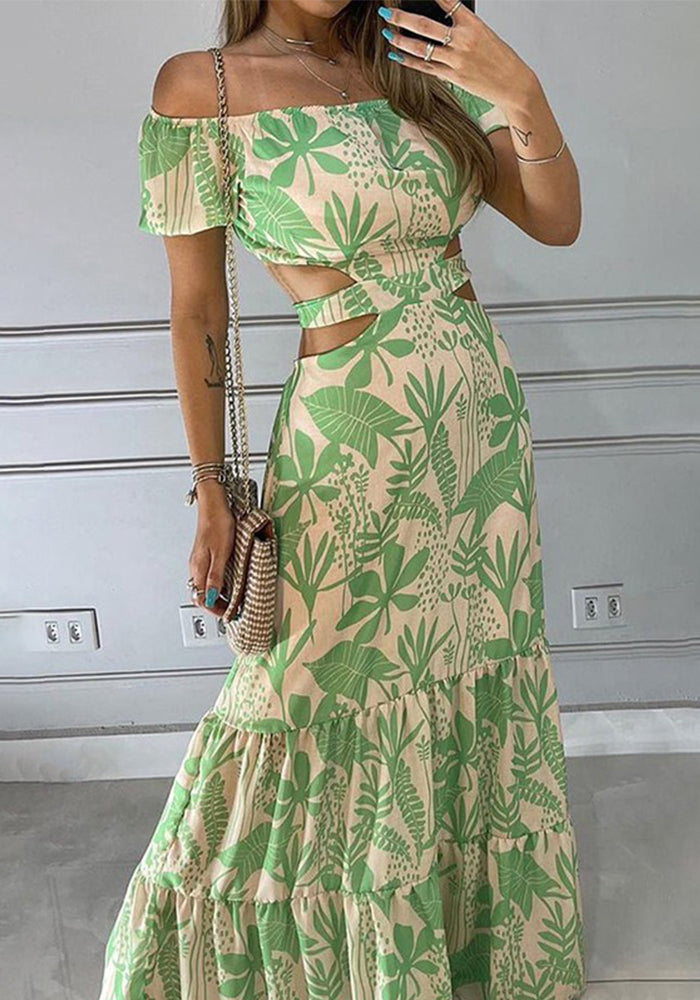 Women Sexy Print Off Shoulder Hollow Lace-up Dress