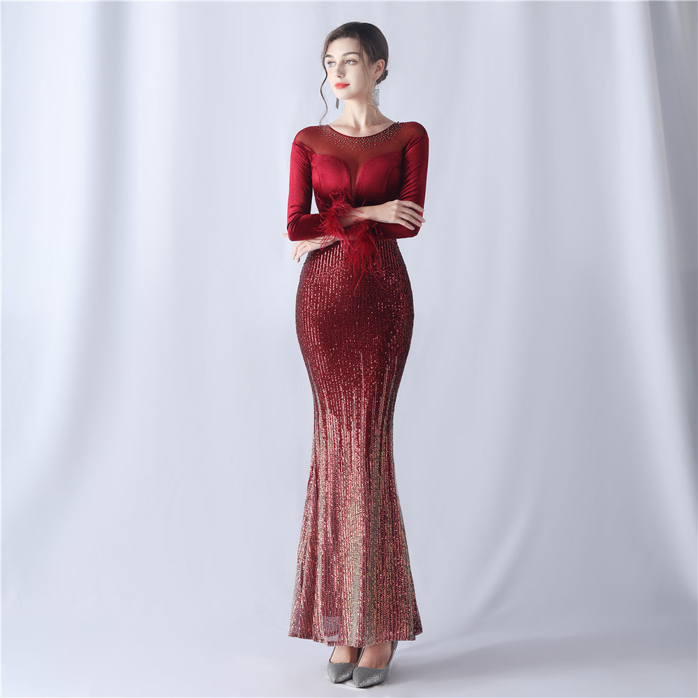 Women Gradient Beaded Velvet Evening Dress 9