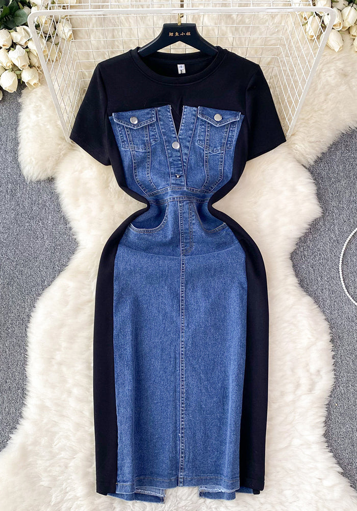 Round Neck Short Sleeve Patchwork Denim Dress Slim Waist Fake Two-Piece Long Dress