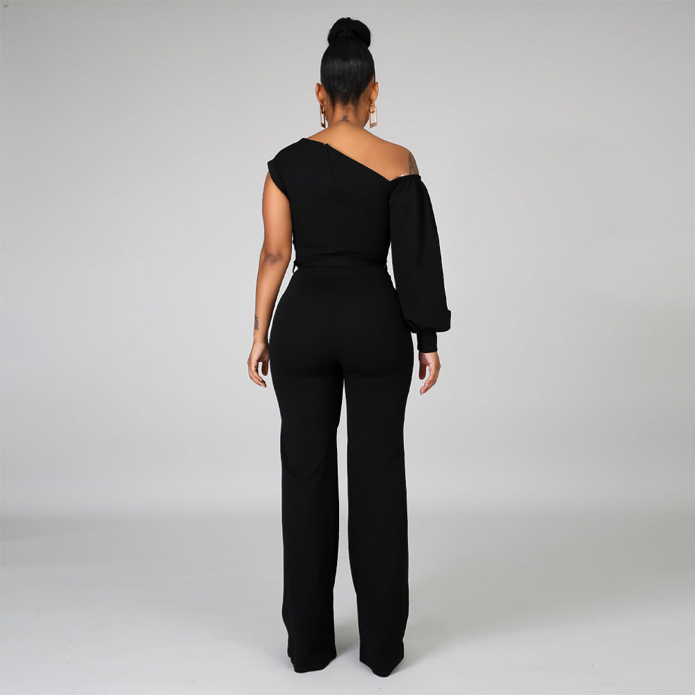 Women Solid Color One Shoulder Wide Leg Jumpsuit 11