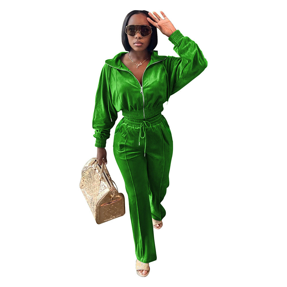 Women's Autumn And Winter Velvet Elastic Waist Zipper Jacket Pocket Trousers Suit 10