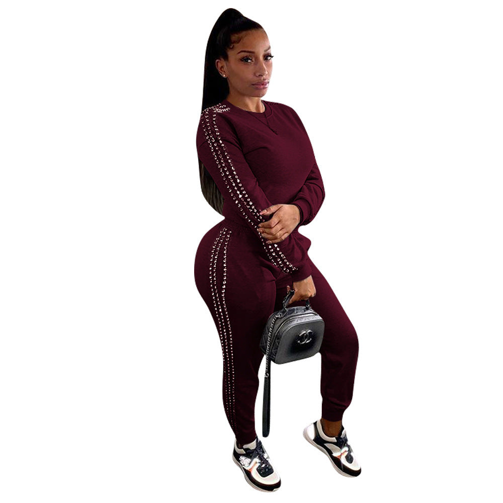 Women Casual Beading Round Neck Long Sleeve Top and Pant Two-piece Set 6