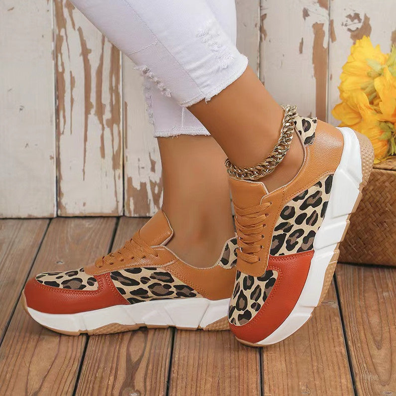 Women's Autumn And Winter Thick Bottom Round Toe Lace Leopard Print Casual Shoes Plus Size Sports Shoes 5
