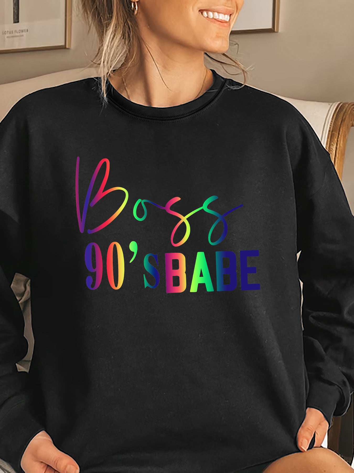 Women Printed Long Sleeve Round Neck Casual Loose Sports Top 3