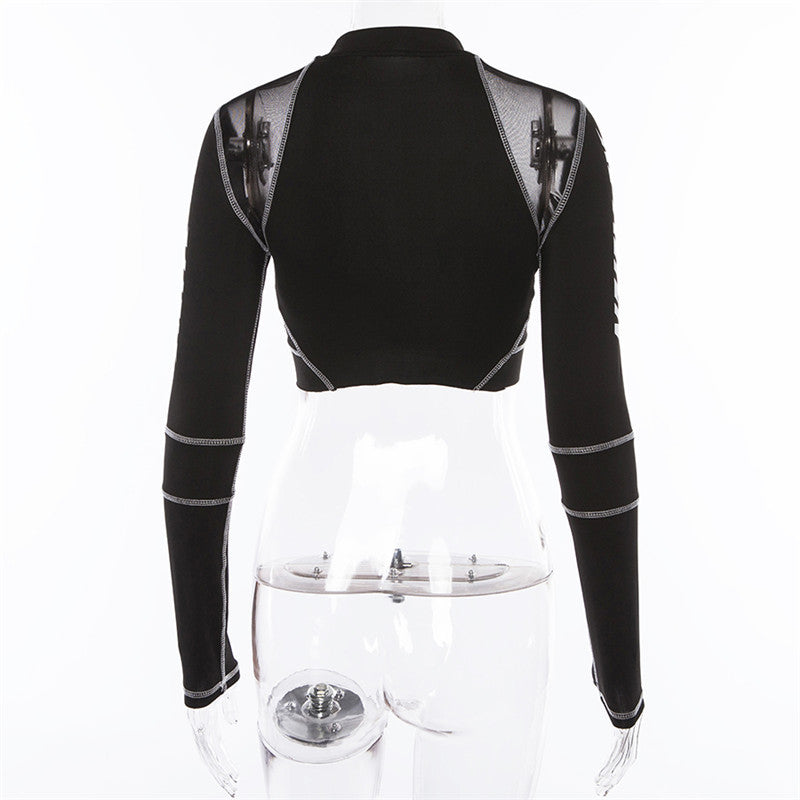 Spring Street Fashion Printing Mesh Patchwork Pullover Crop Tight Fitting Slim Top 12