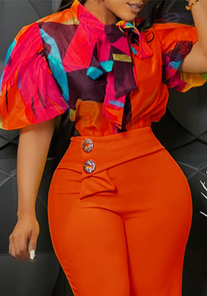 Women Printed Lace-Up Bubble Short Sleeve Shirt Top