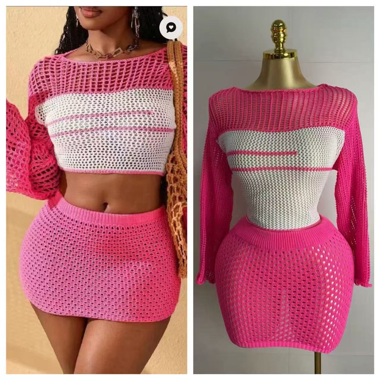 Cropped Y2K Beach Lace-Up Knit Top & Skirt Set