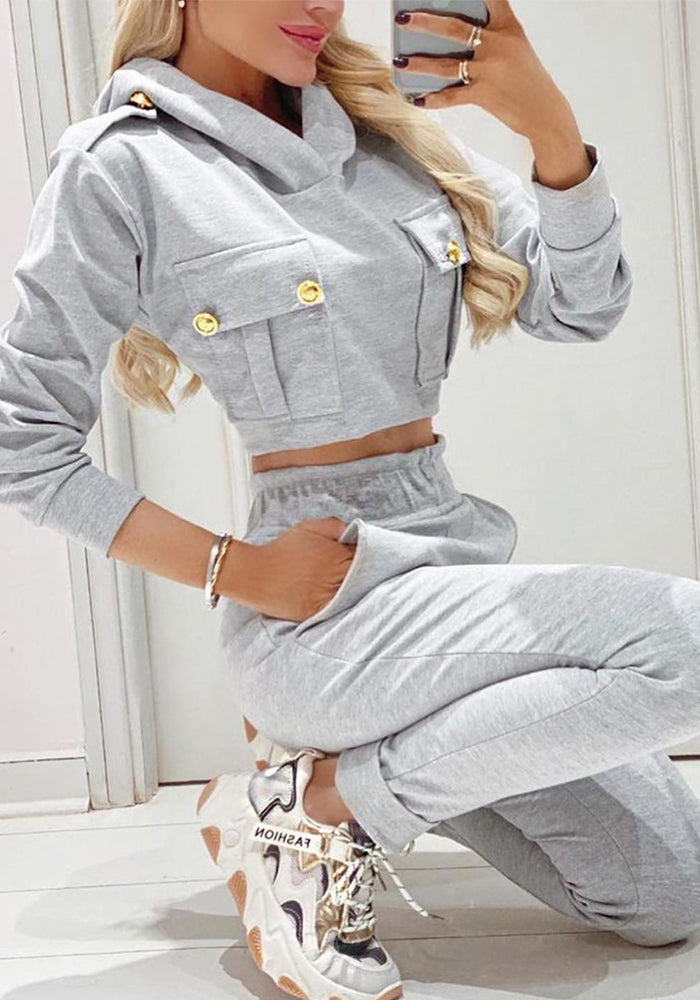 Women Gray Casual Hoodies and Pant Two Piece Set