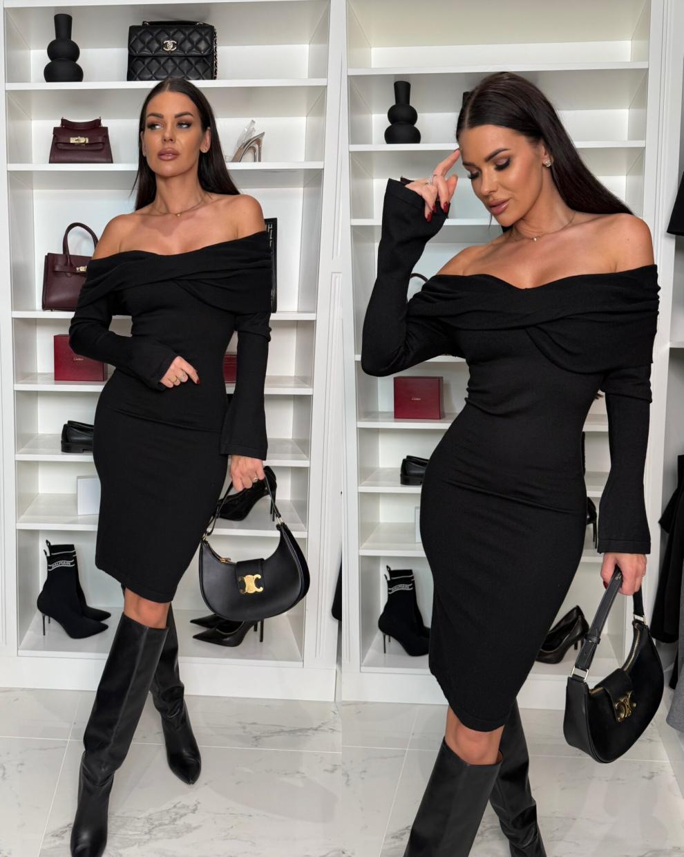 Women Solid Off Shoulder Long Sleeve Dress