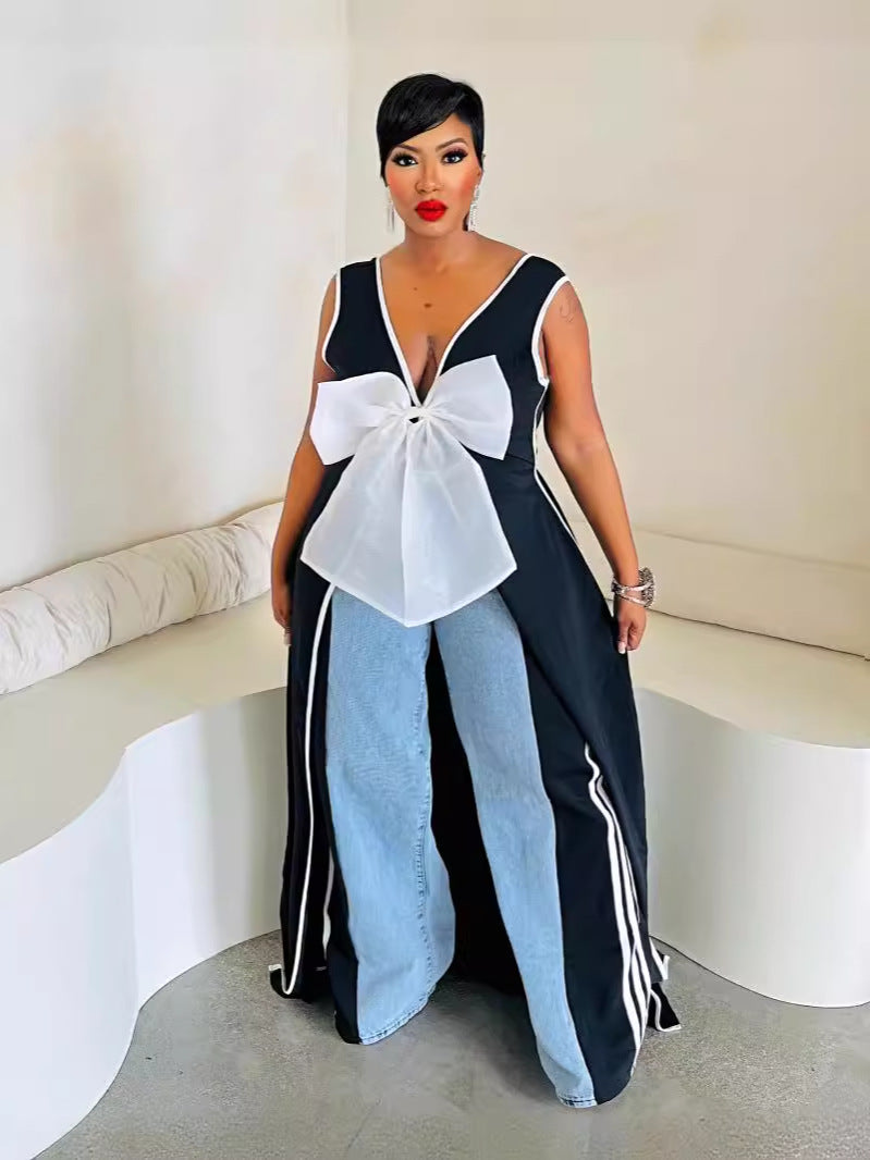 Women Sexy V Neck Big Bow Slit Dress 5