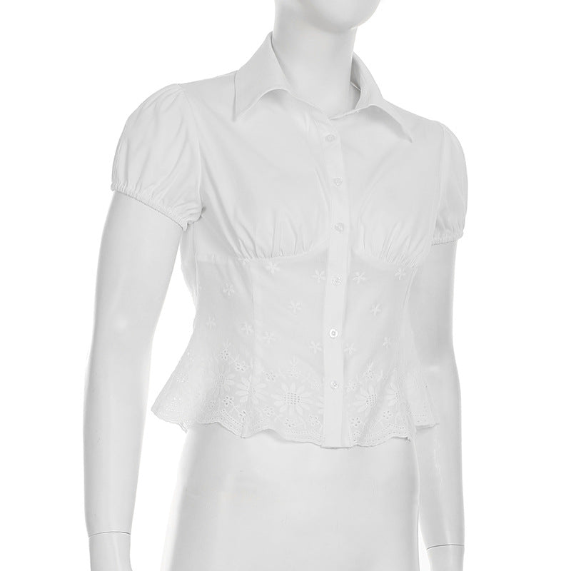 Women's Solid Color Lace Patchwork Puff Sleeve Slim Waist Single-breasted Shirt Short Top 10