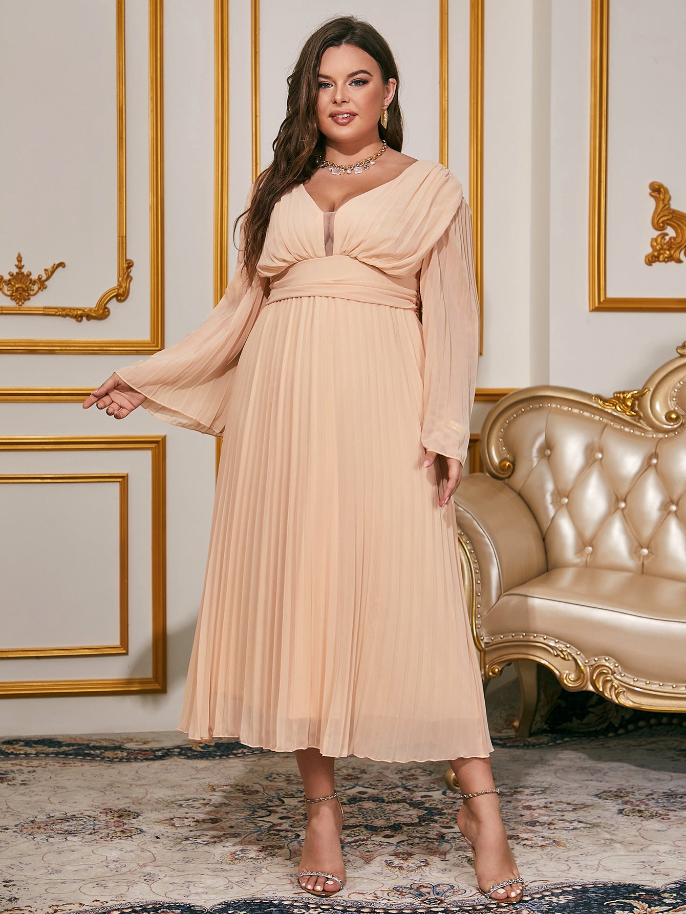 Plus Size Women Pleated V Neck Long Sleeve Chiffon Dress 5