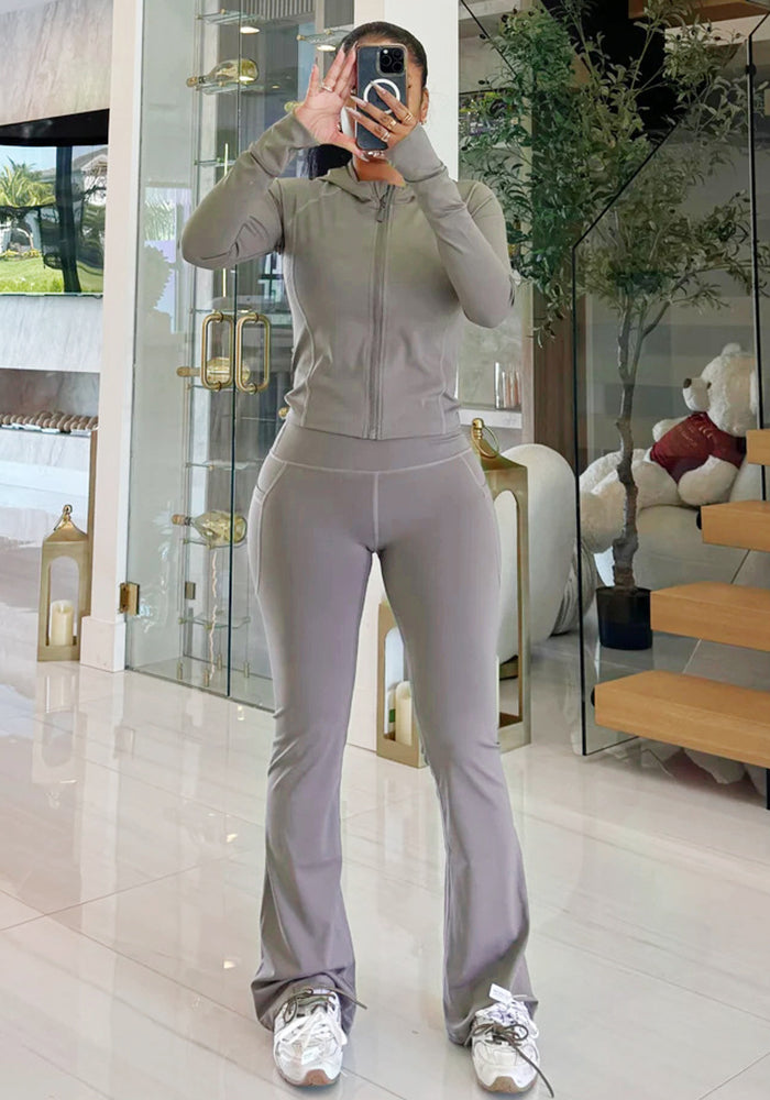 Women's Casual Gray High Stretch Hooded Zipper Top Slim Fit Trousers Sports Suit