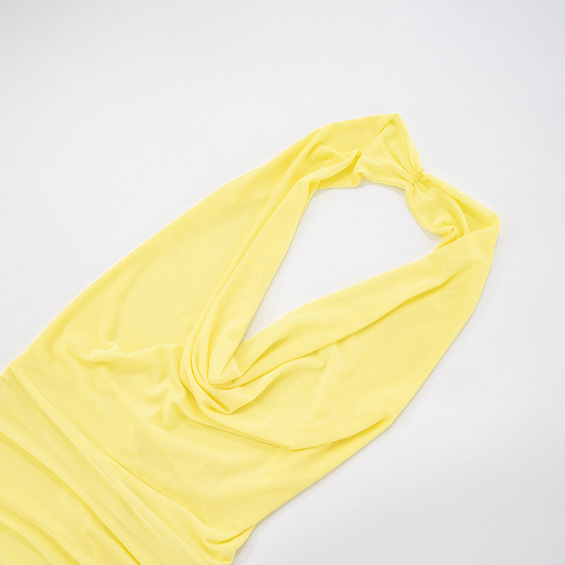 Women Sexy Mesh Halter Neck Swinging Neck Large Backless Gathered Bodycon Dress 10