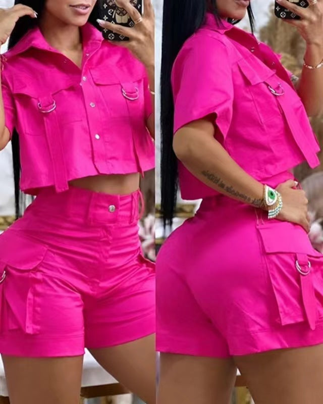 Women Solid Pocket Turndown Collar Short Sleeve Top and Shorts Two-Piece Set