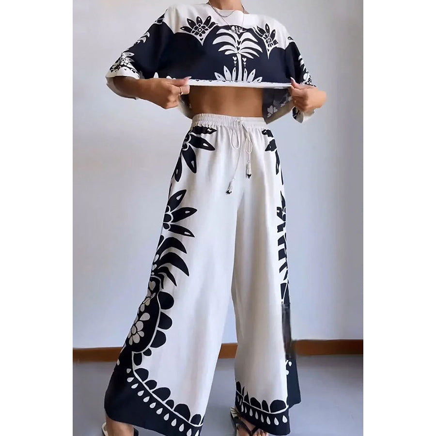 Spring Summer Casual Short Sleeve Lounge Wear Loose Holidays Women'S Two-Piece Pants Set 4
