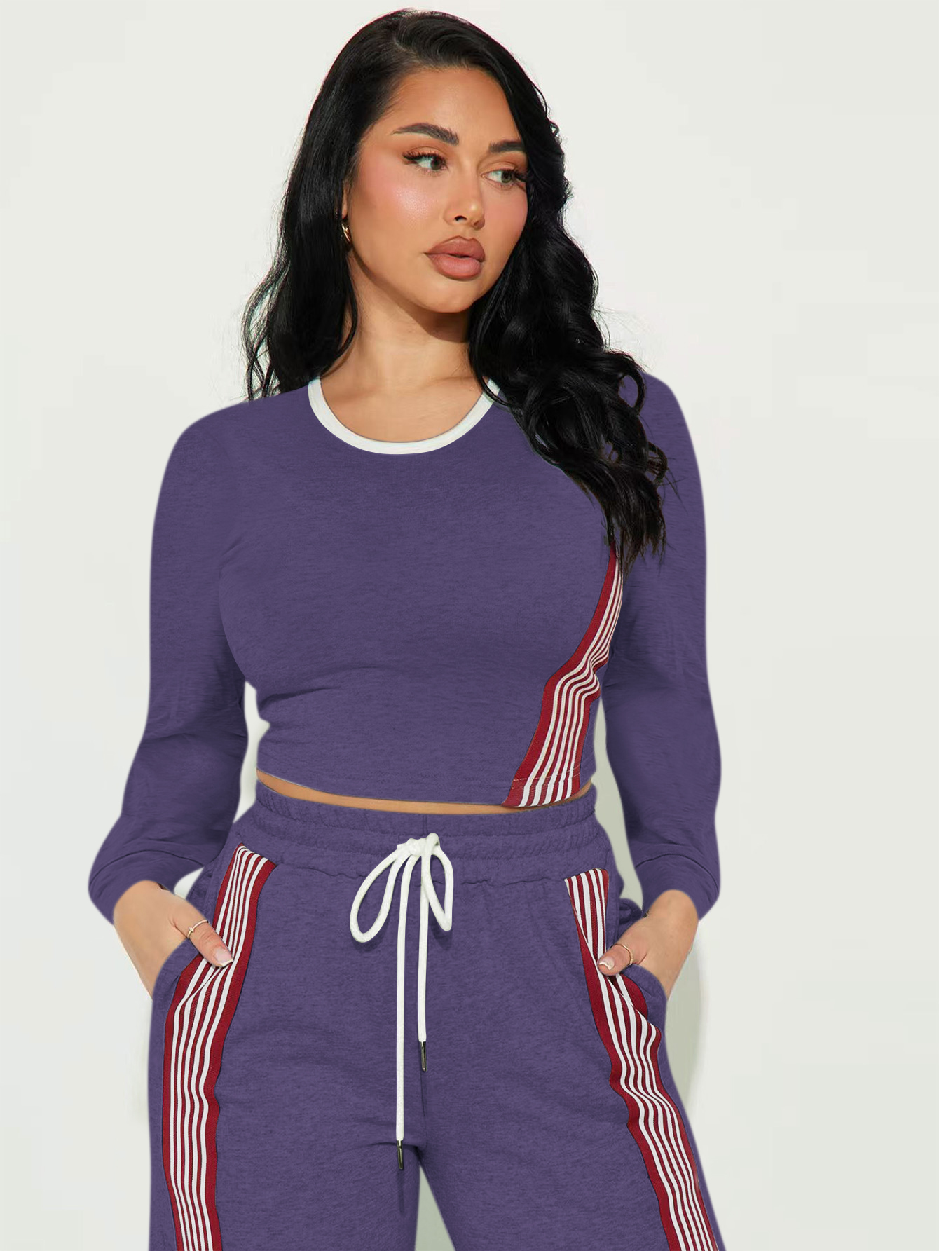 Women's Fashion Casual Long Sleeve Top & Side Striped Sporty Pants Two-Piece Set 6