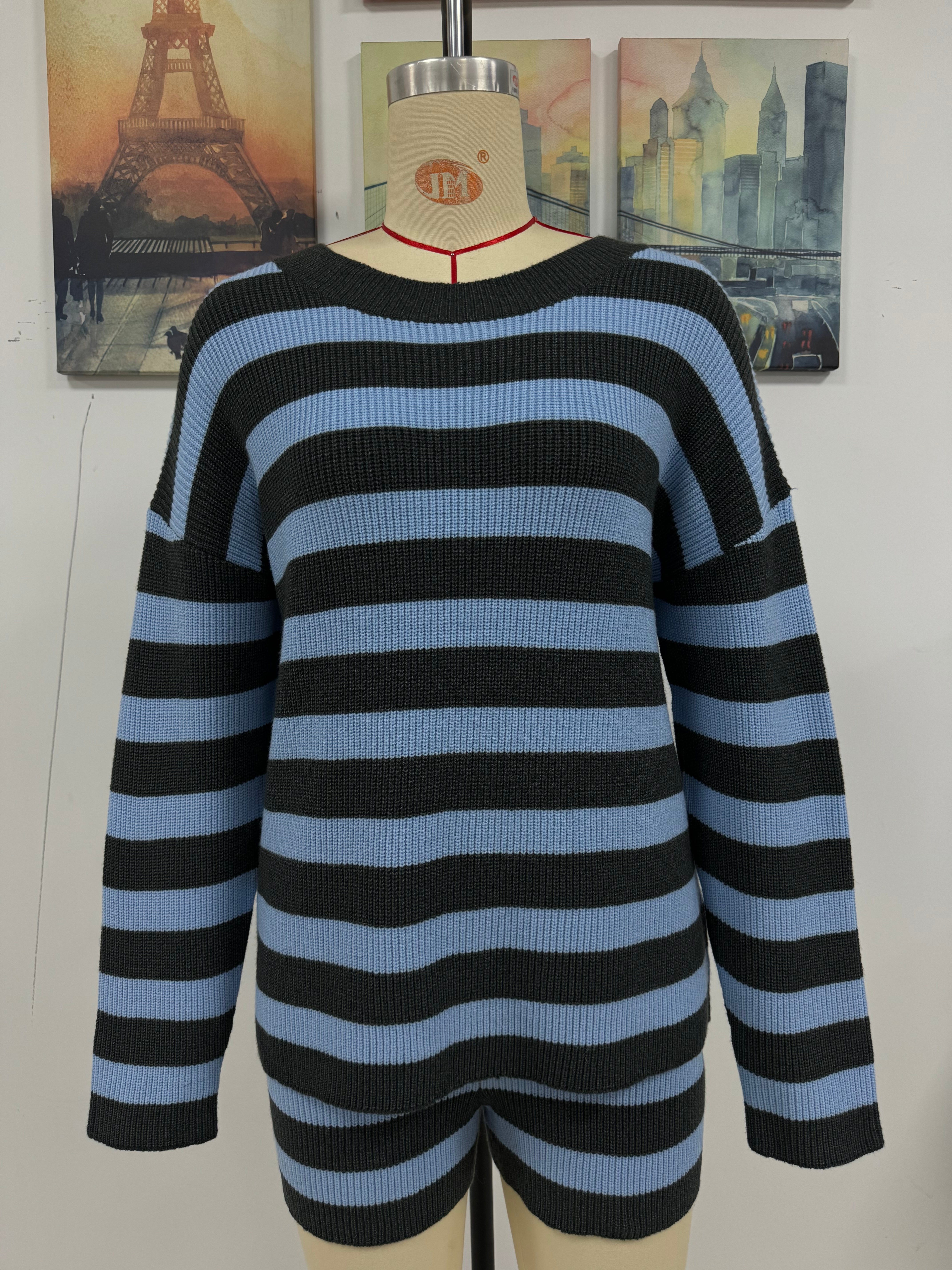 Women Stripe Patchwork Round Neck Casual Knitting Sweater and Shorts Two-piece Set 9