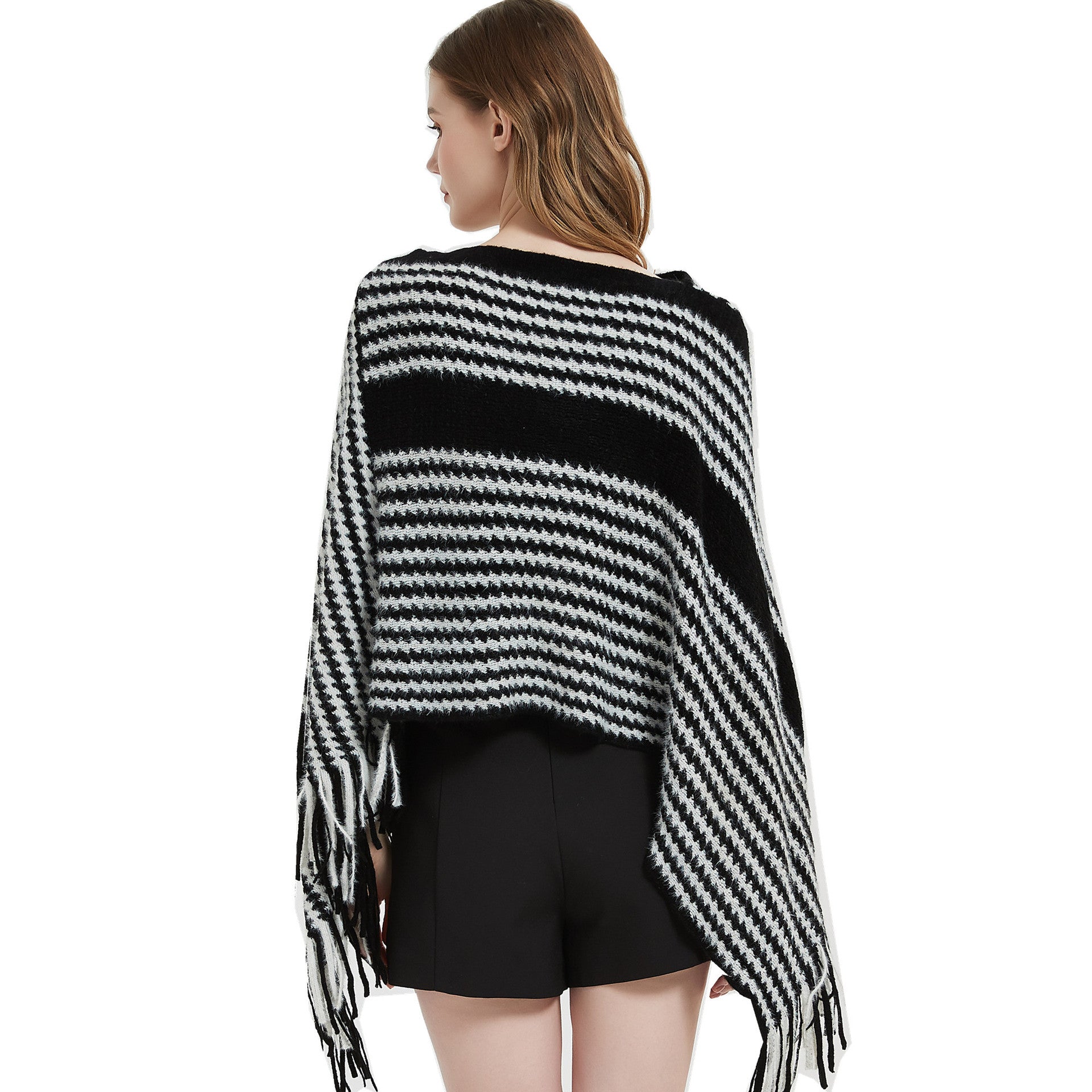 Women winter bat sleeve black striped knitting shawl sweater 11