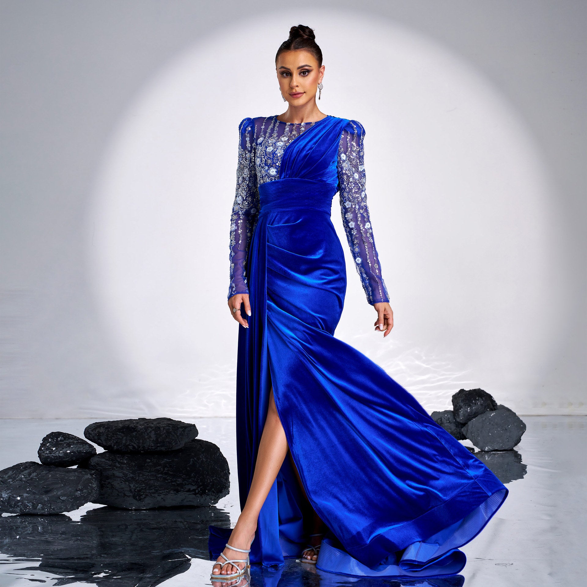Women long-sleeved Round Neck sequin Formal Party Maxi evening dress 5