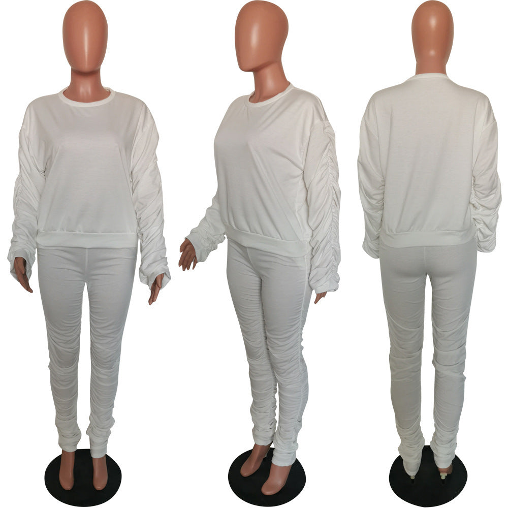 Autumn And Winter Women's Solid Color Long Sleeve Pleated Fashion Two-Piece Pants Set 9