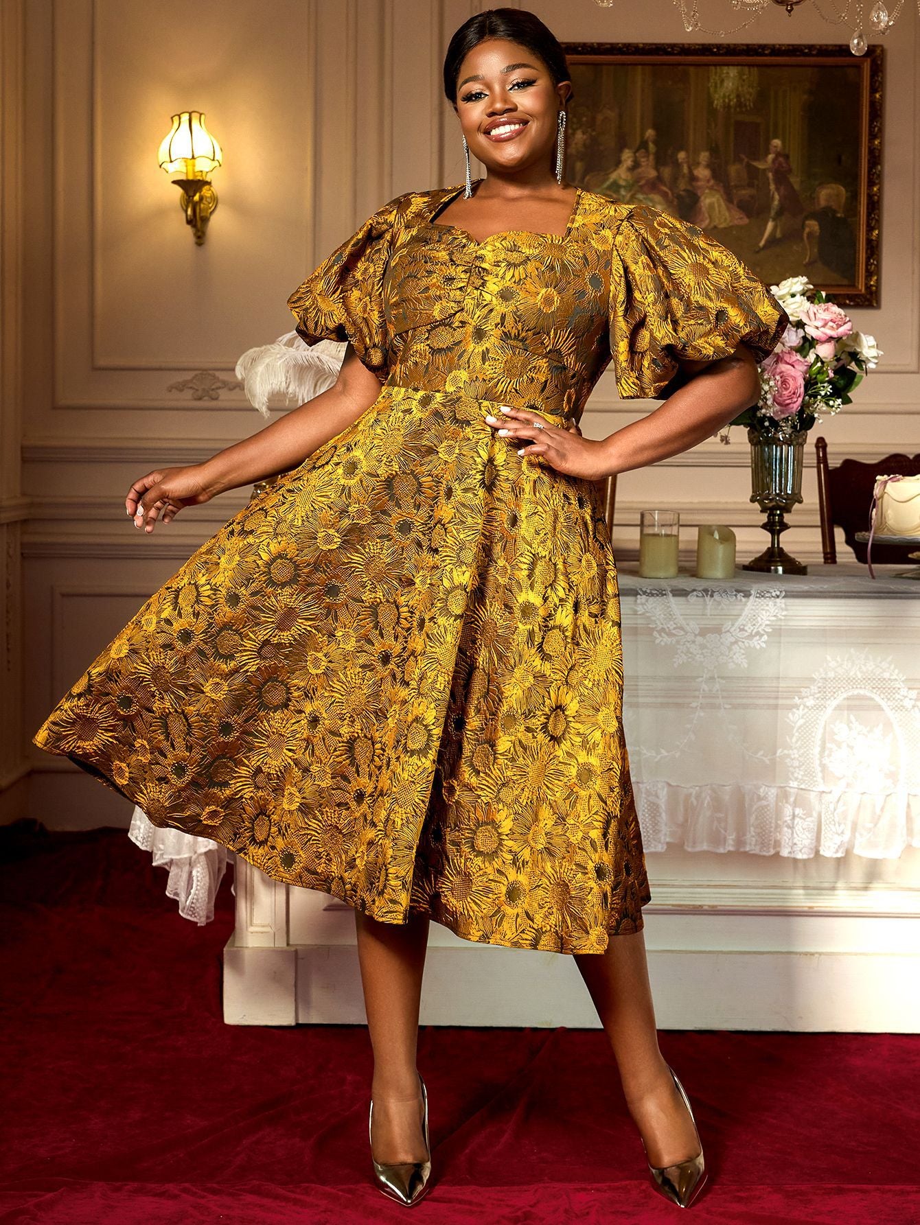 Summer Puff-Sleeve Jacquard Square-Neck A-Line Cocktail Dress 8