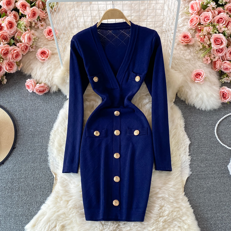 Autumn And Winter Women's V-Neck Long-Sleeved Sweater Dress Slim Fit Bodycon Knitting Dress