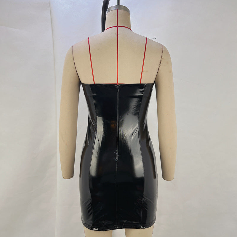 Women PU-leather sexy Strapless off-shoulder Bodycon Dress 11