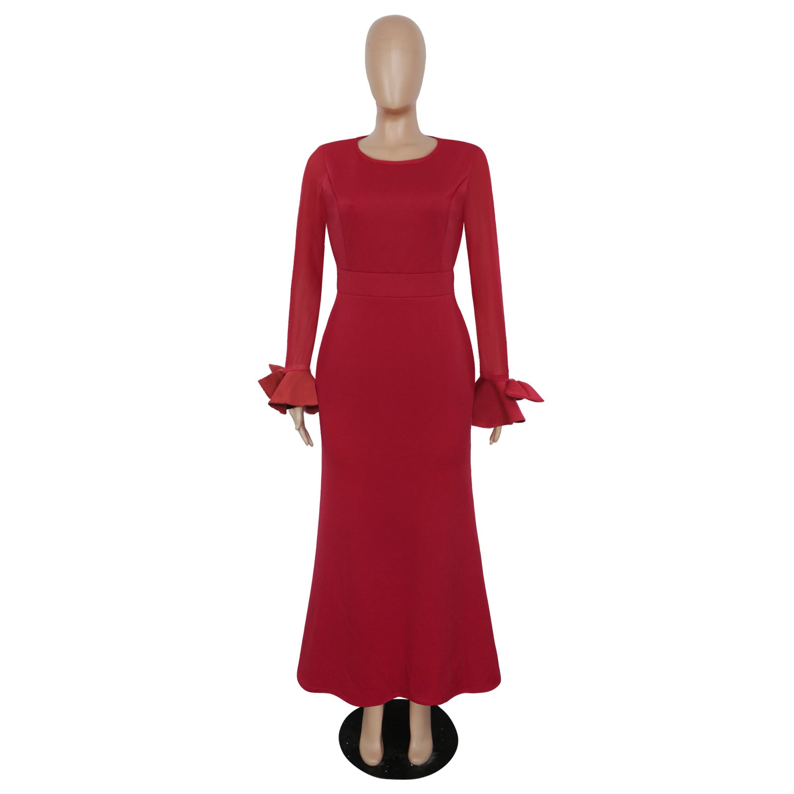 Women's Round Neck Long Sleeve Mesh Patchwork Maxi Dress Solid Plus Size Dress 23