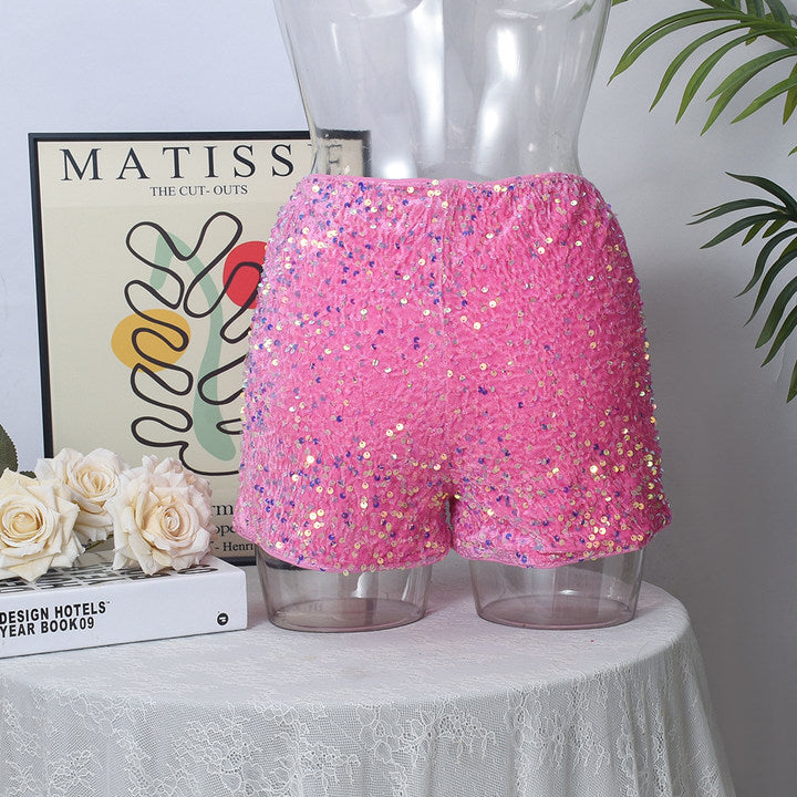 Sequin Women Leopard Elastic Waist Casual Shorts 24