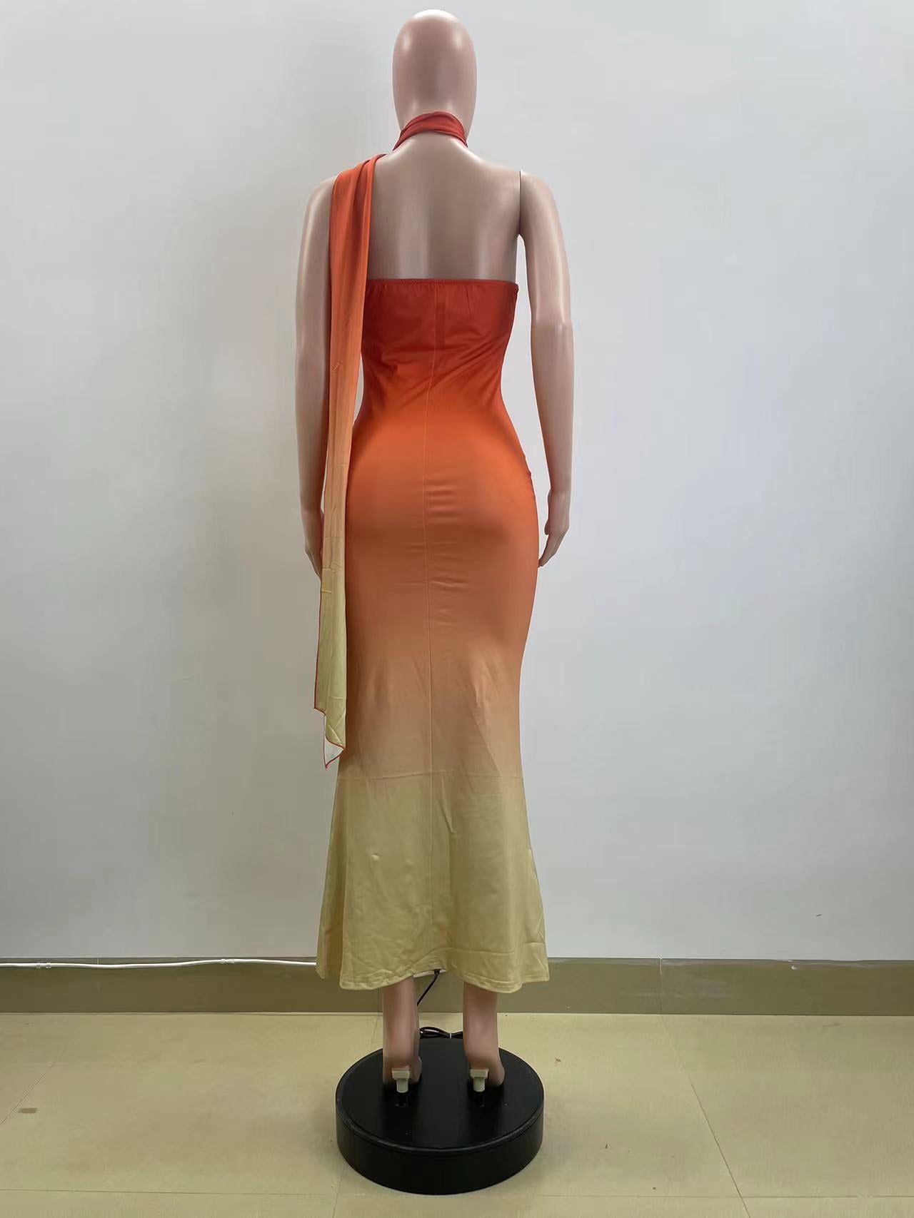 Summer Sexy Halter Neck Slash Shoulder Low Back Gradient Bodycon Dress 8