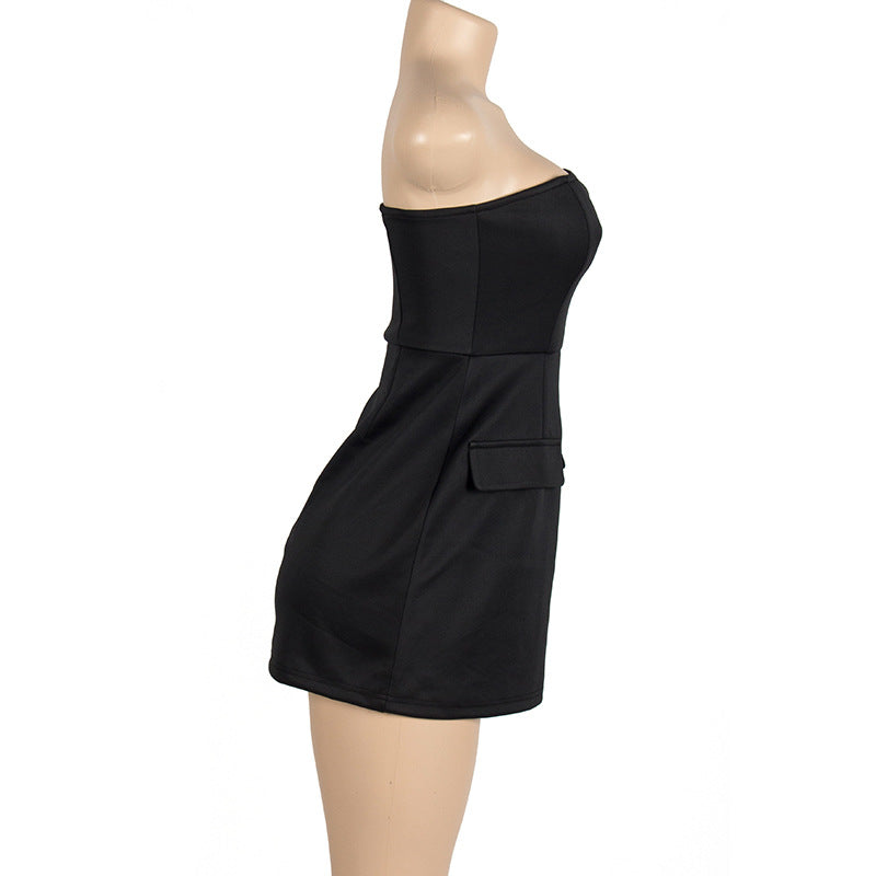 Summer Solid Color Sleeveless Sexy Strapless Slim High Waist Short Dress 10