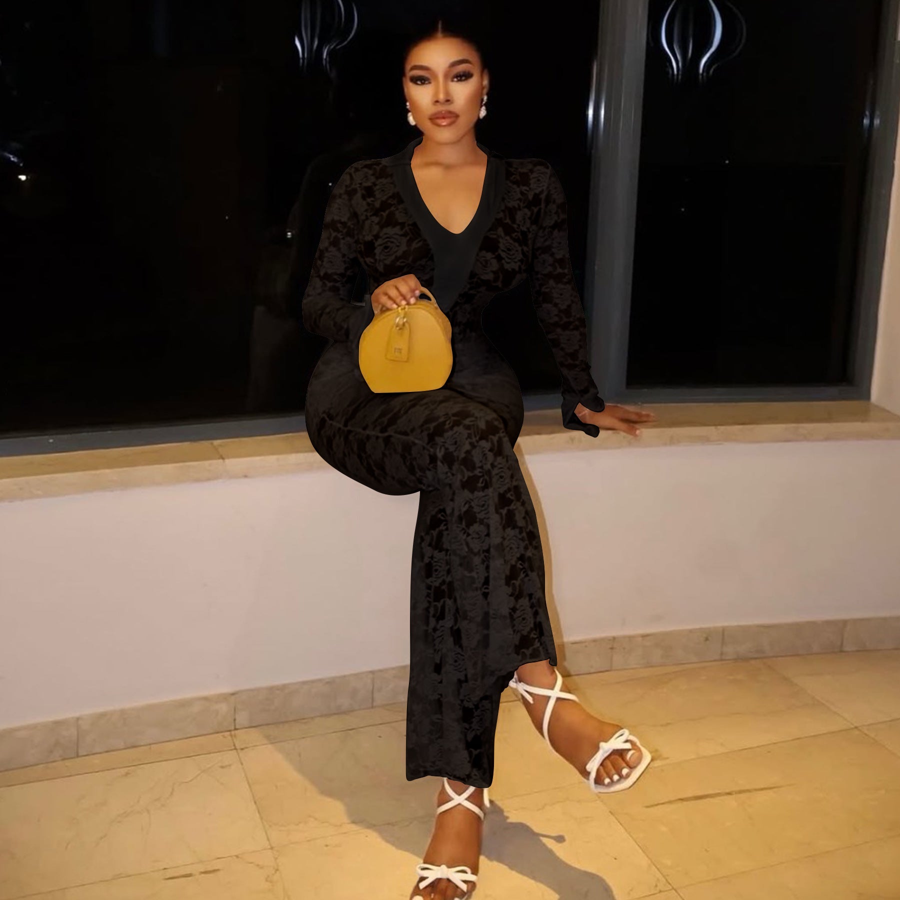 Women's sexy See-Through lace bodysuit pants two-piece set 7