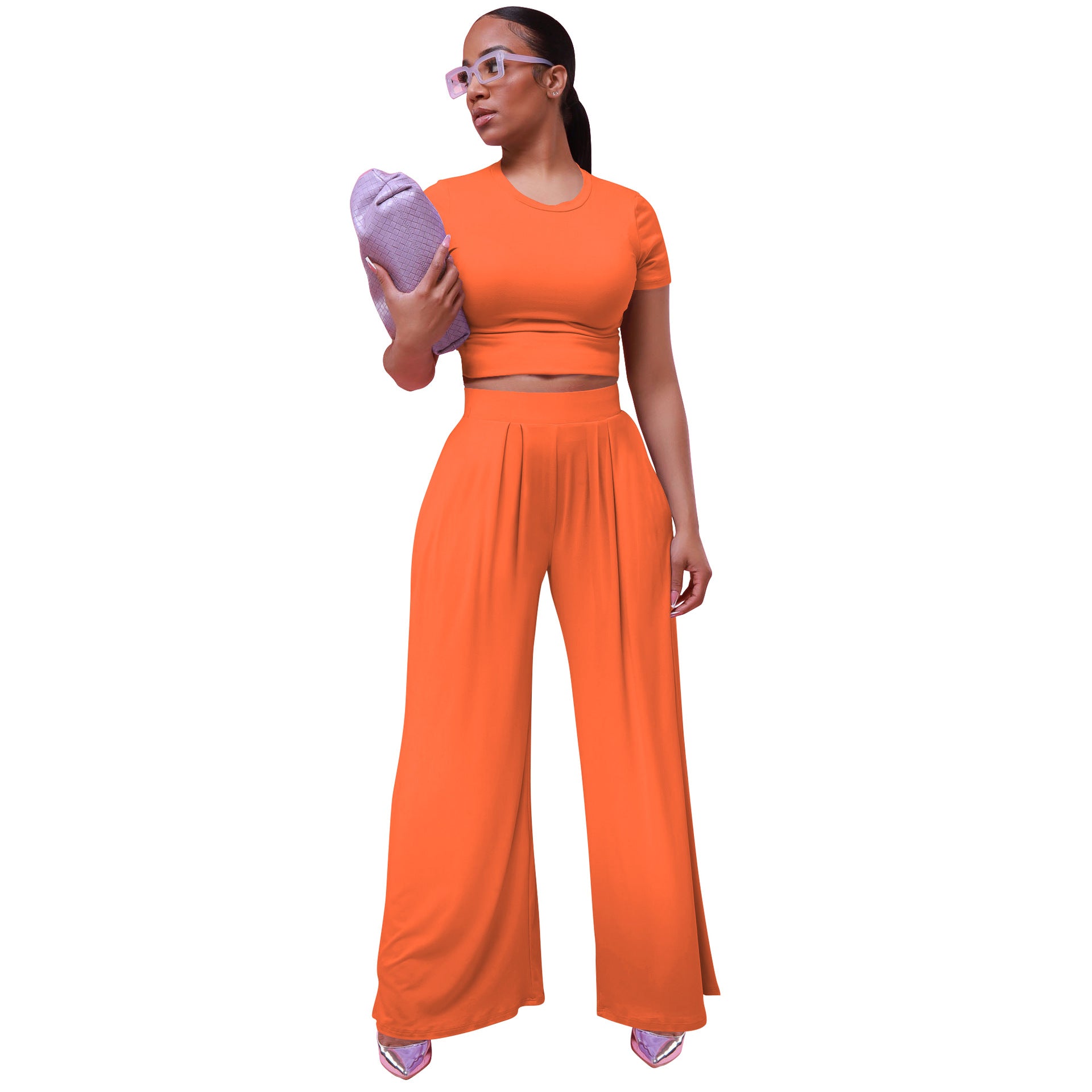 Women's Clothes Summer Fashionable Solid Color Wide Leg Two-Piece Pants Set 13