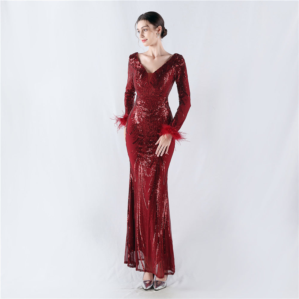 Women Positioning Flower Ostrich Feather Evening Dress 18