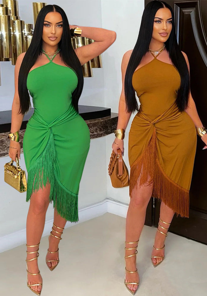 Women's Summer Sleeveless Halter neck Tassel Long Irregular Dress