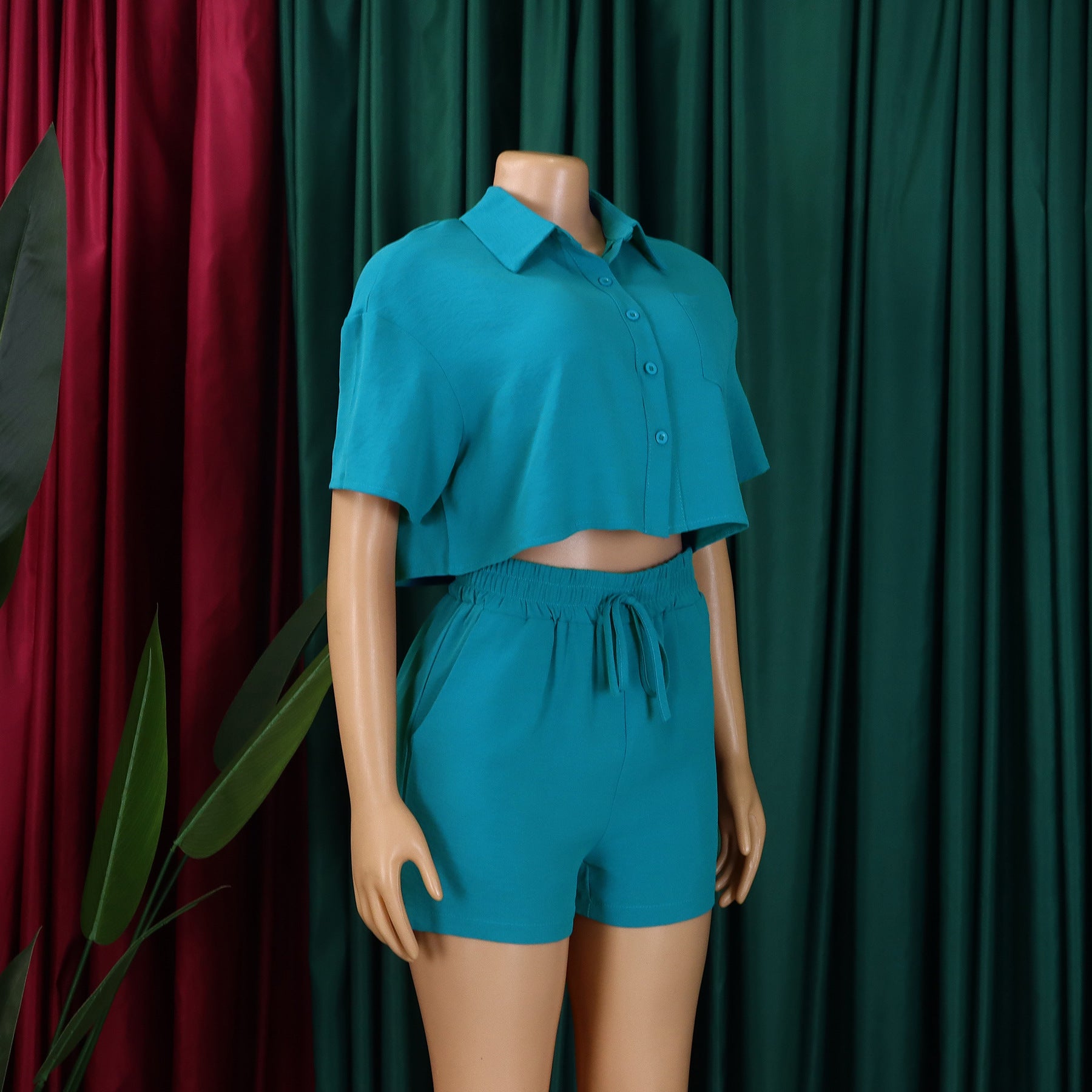 Women's Summer Casual Turndown Collar Short Sleeve Shirt Shorts Fashionable African Two Piece Set 15