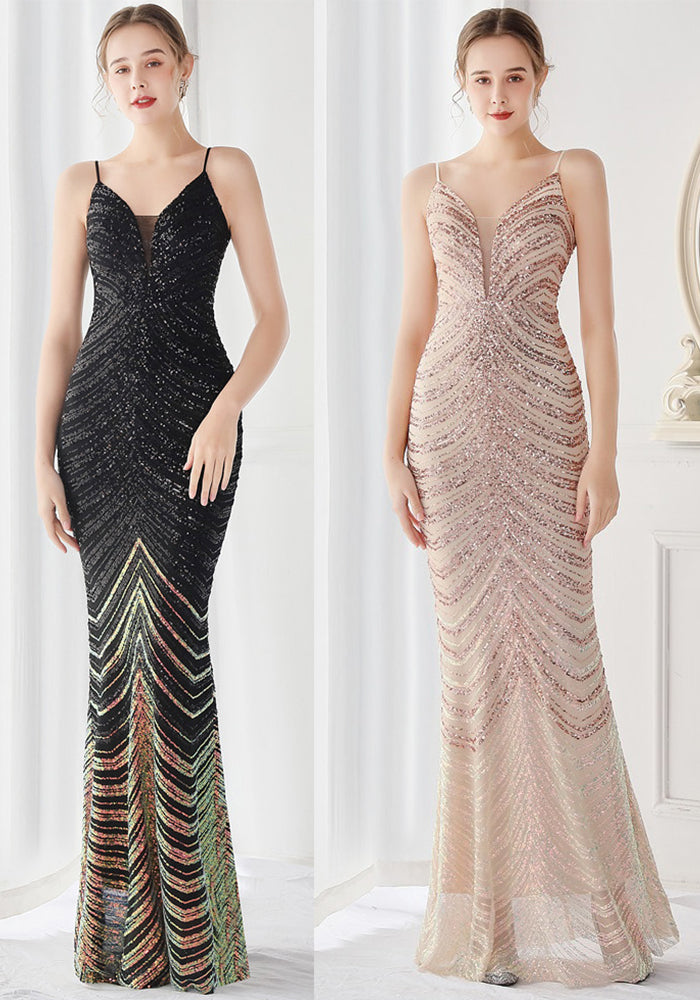 Elegant Shining Sequin v Neck Strapless Slim Formal Cocktail Party Gown