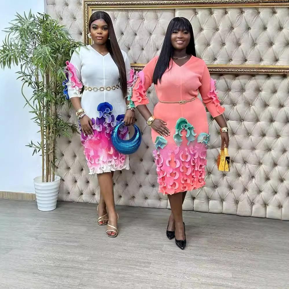 Africa Plus Size Dress Fashion Rainbow Ruffle Chic Elegant Slim Fit Midi Dress 13