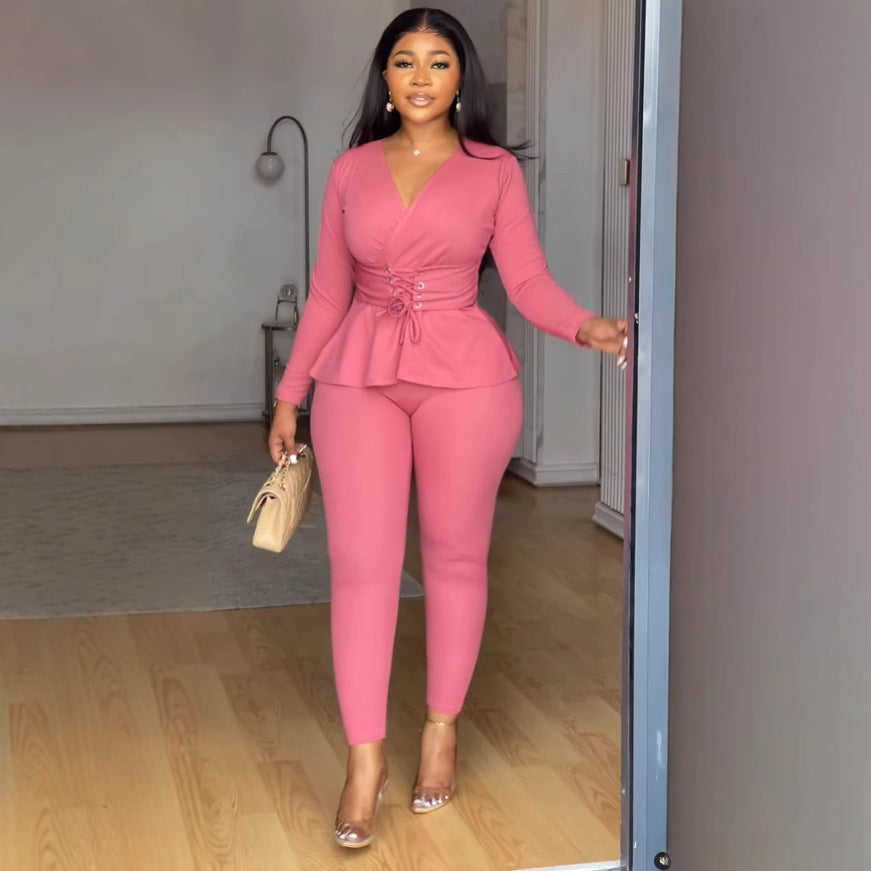 Solid Color V-Neck Slim Waist Long-Sleeved Pants Set