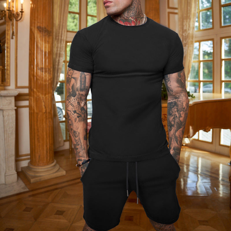 Summer Men'S Solid Color Short-Sleeved T-Shirt Shorts Sports Two Piece Suit 23