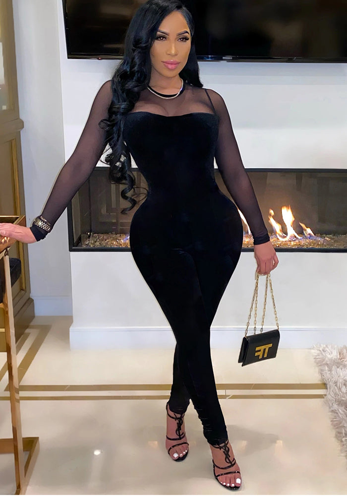 Women Sexy Solid Mesh Patchwork Zip Jumpsuit