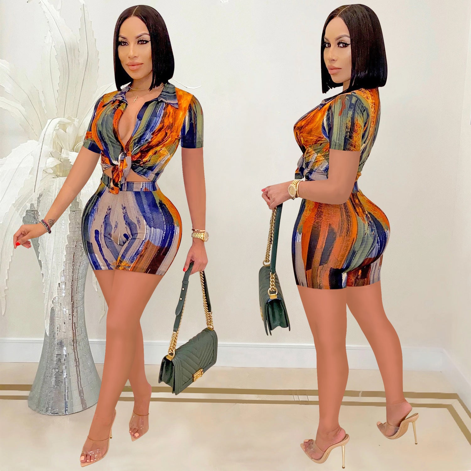 Trendy Print V-Neck Long-Sleeve Two-Piece Shorts Set 4