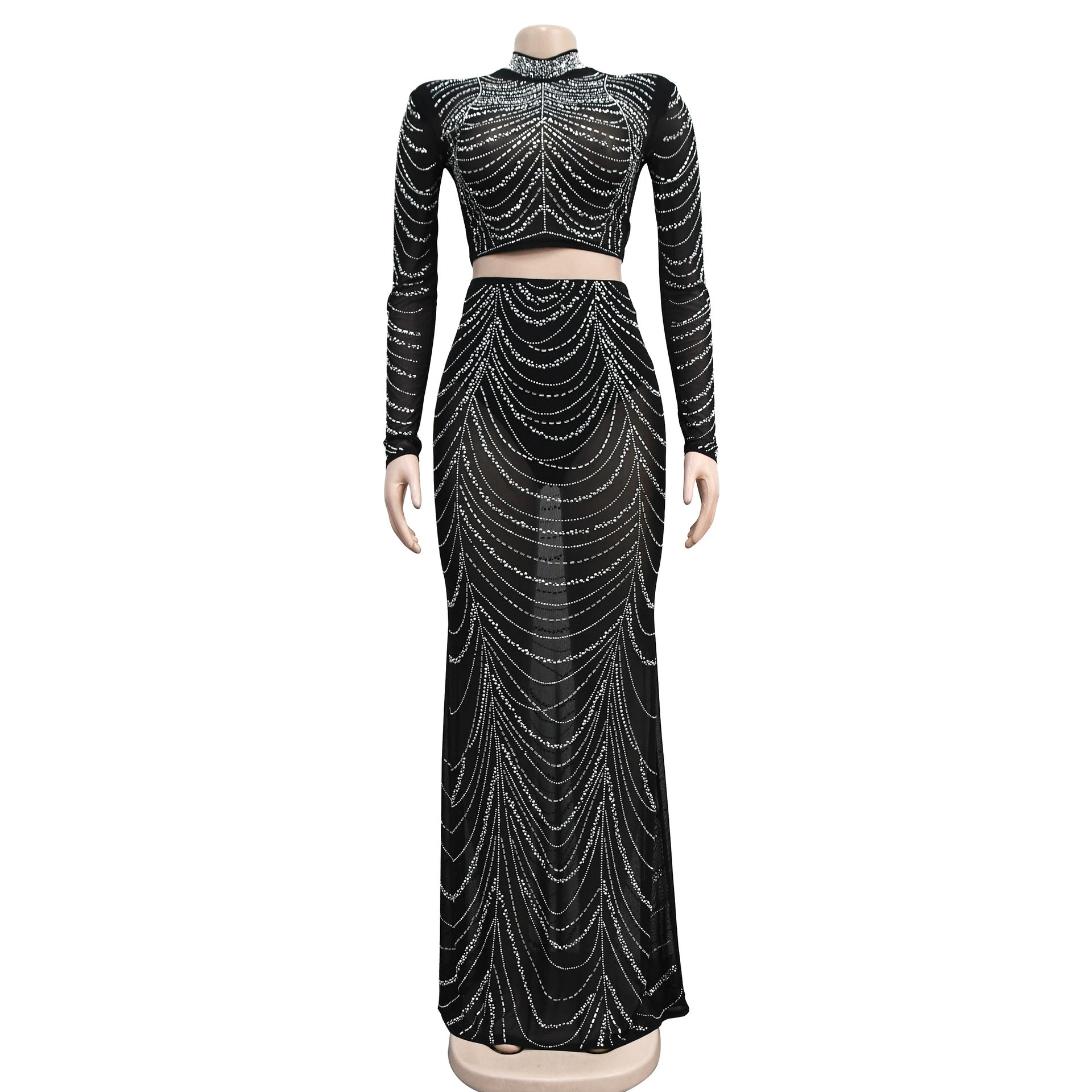 Women's Fashion Solid Color Mesh Beaded Long Sleeve Crop Top Long Skirt Two-Piece Set 20