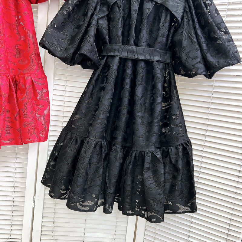 Women Round Neck Vintage Jacquard Puff Sleeve Casual Belt Dress 22