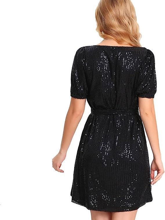 Women's Short Sleeve V Neck Sequin Mini Sequin Dress With Belt Glitter Cocktail Evening Dress 4