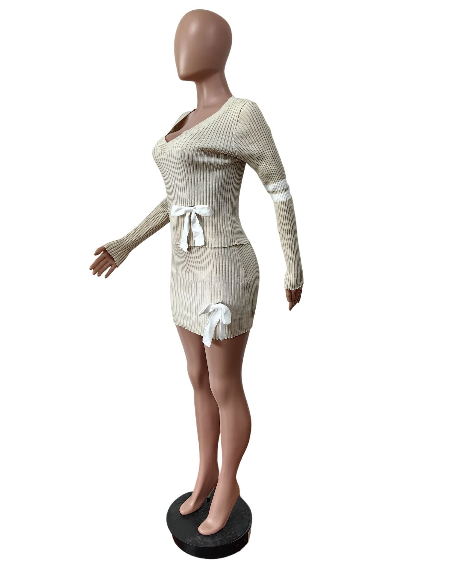 Women Casual Bowknot V-neck Sweater And Skirt Two Piece Set 12