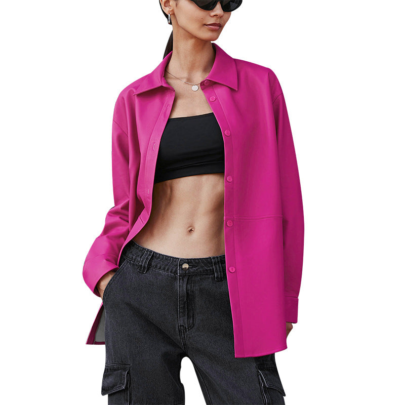 Autumn And Winter Fashionable Long Sleeve Women's Pu Shirt Women's Leather Jacket 8